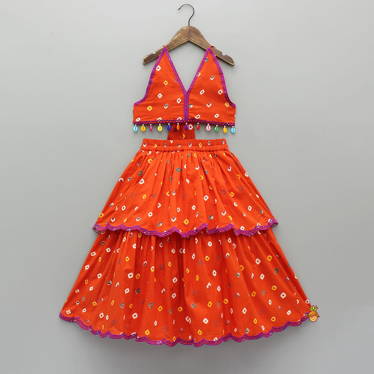 Pre Order: Orange Multicolour Printed Embroidered Tie Up Strappy Top and Layered Lehenga