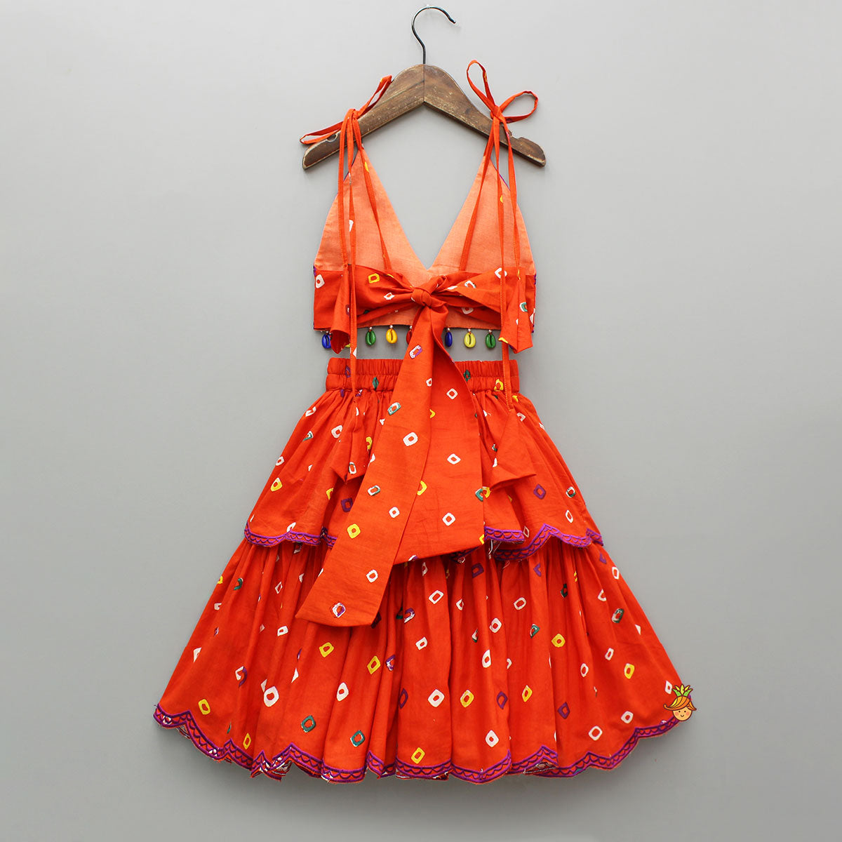 Pre Order: Orange Multicolour Printed Embroidered Tie Up Strappy Top and Layered Lehenga