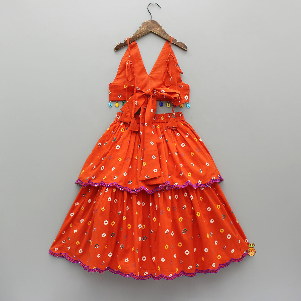 Pre Order: Orange Multicolour Printed Embroidered Tie Up Strappy Top and Layered Lehenga