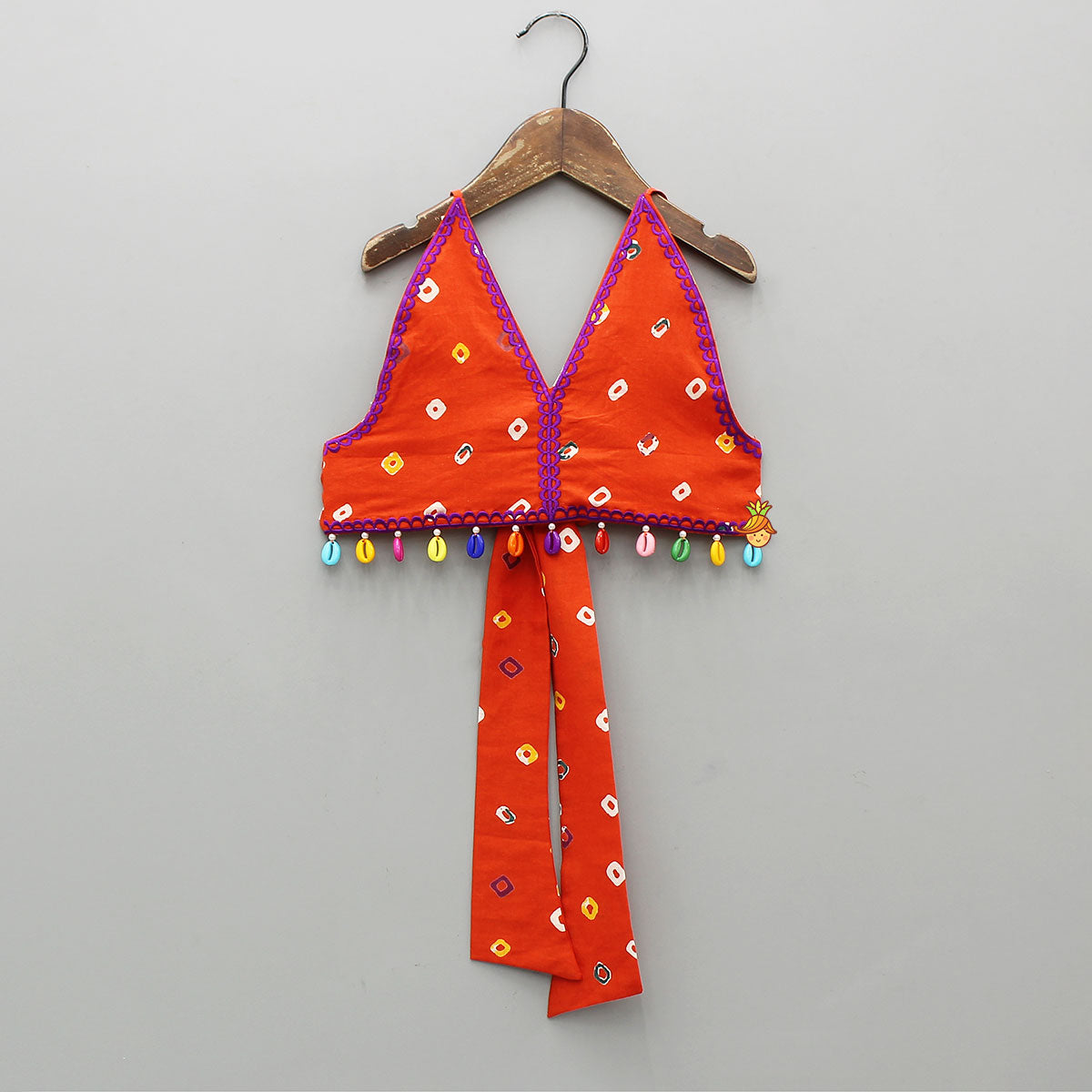 Pre Order: Orange Multicolour Printed Embroidered Tie Up Strappy Top and Layered Lehenga
