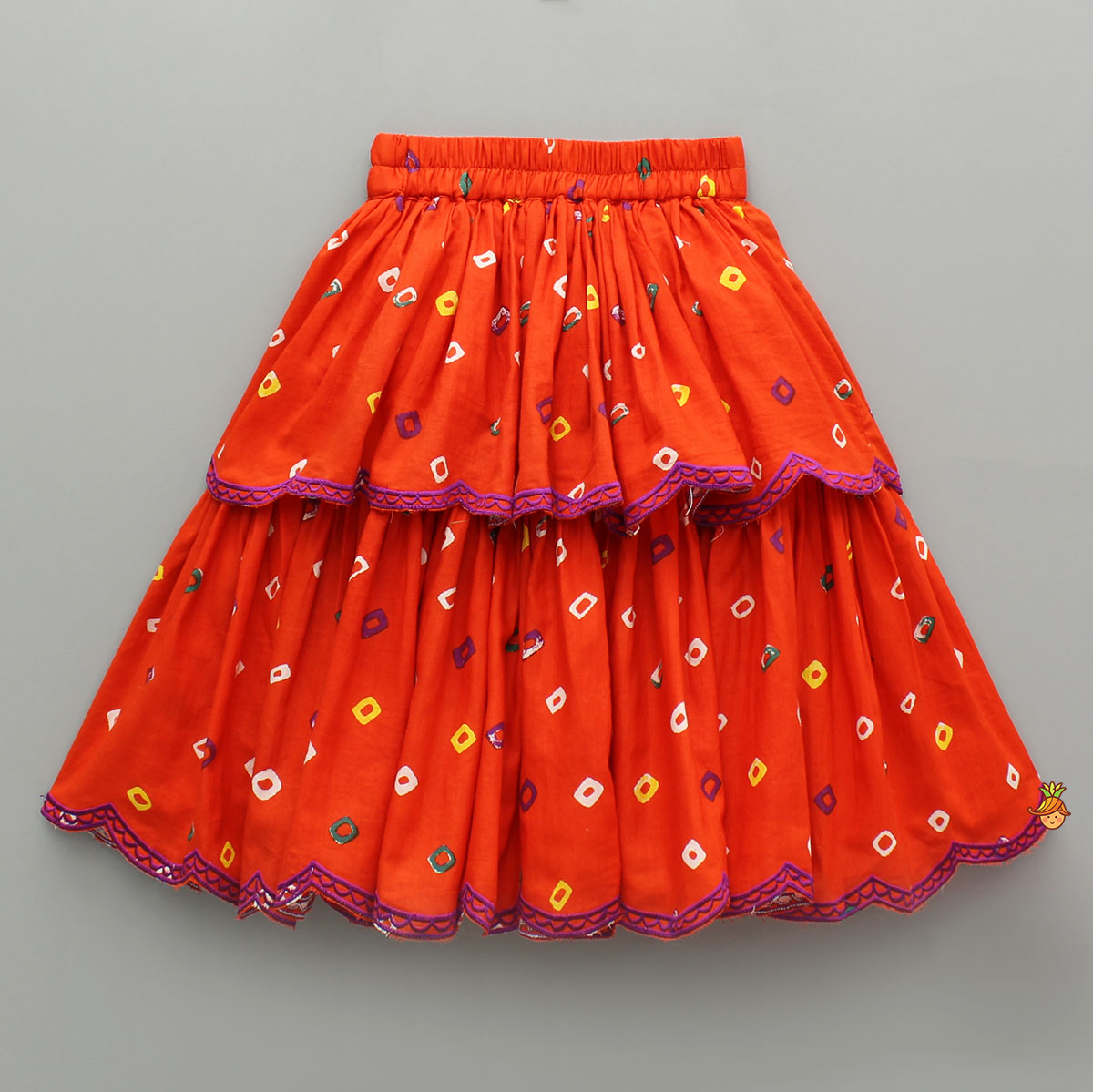 Pre Order: Orange Multicolour Printed Embroidered Tie Up Strappy Top and Layered Lehenga