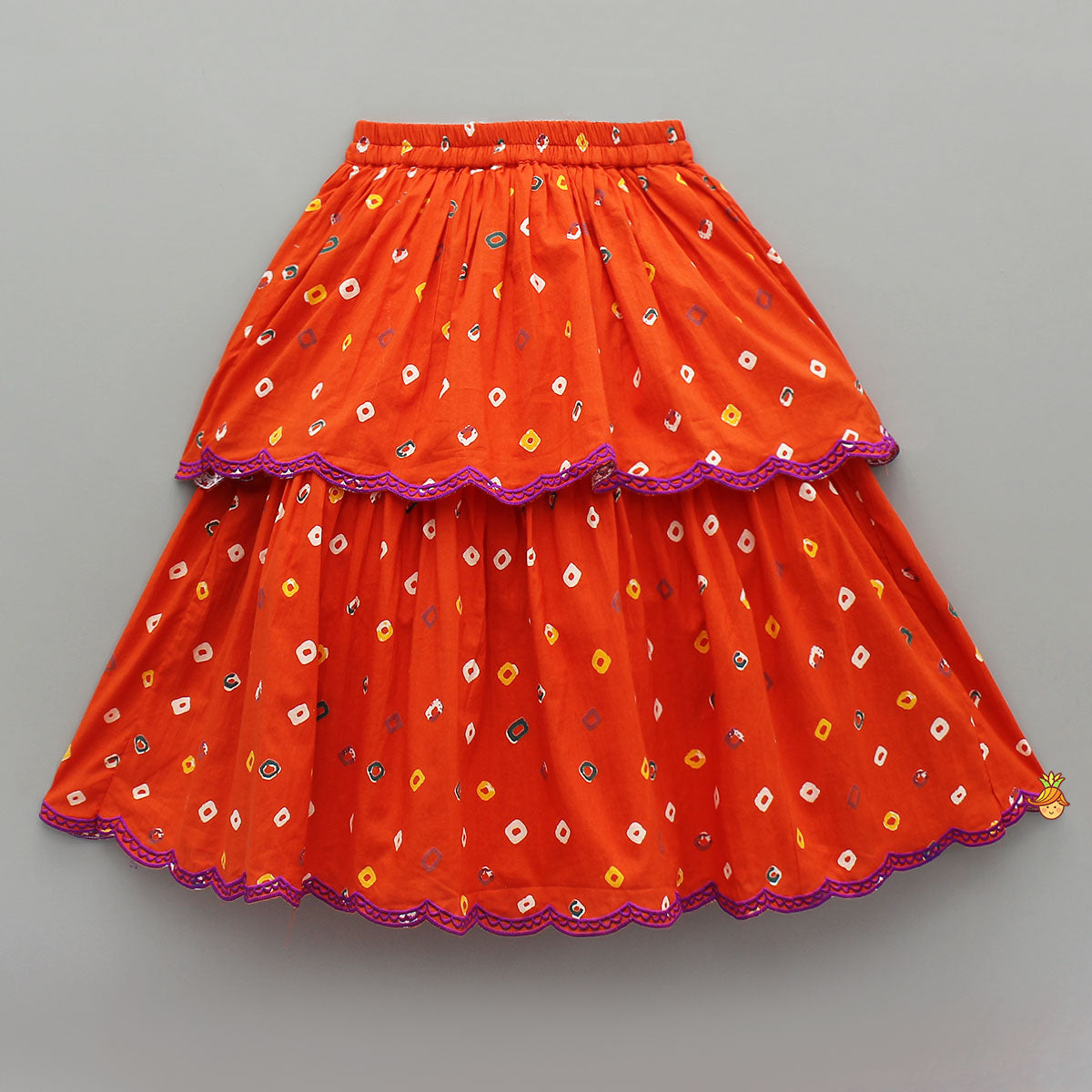 Pre Order: Orange Multicolour Printed Embroidered Tie Up Strappy Top and Layered Lehenga