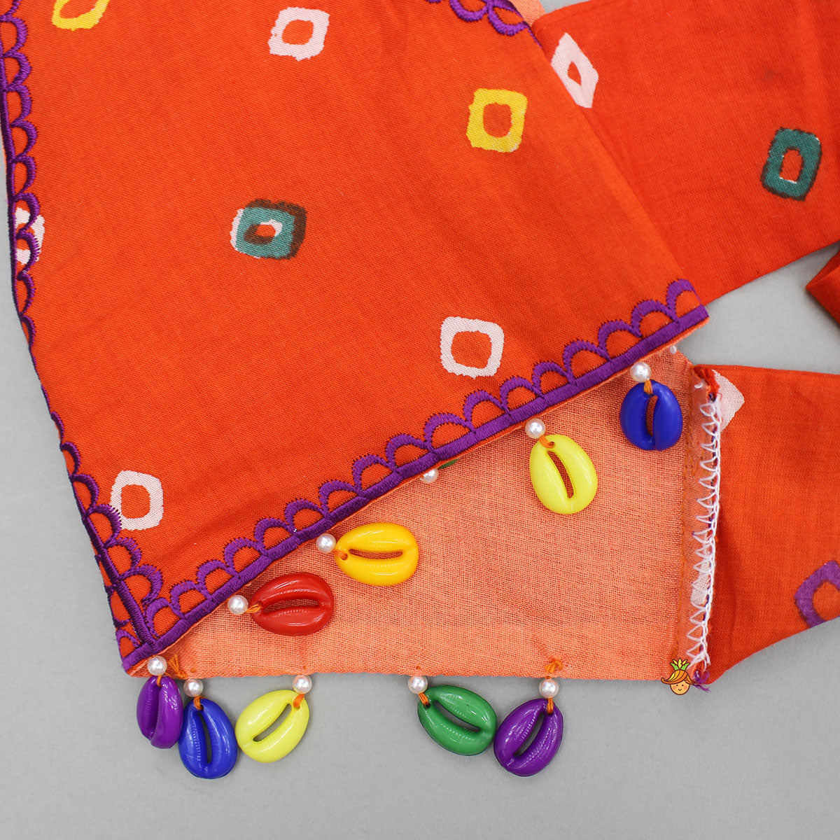 Pre Order: Orange Multicolour Printed Embroidered Tie Up Strappy Top and Layered Lehenga