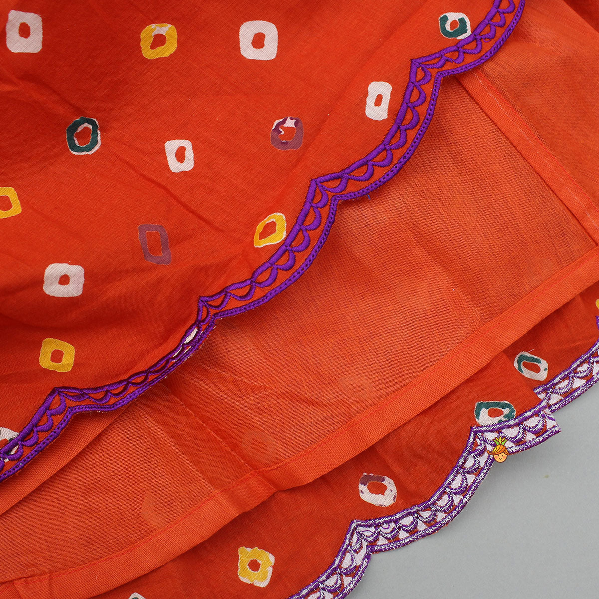 Pre Order: Orange Multicolour Printed Embroidered Tie Up Strappy Top and Layered Lehenga