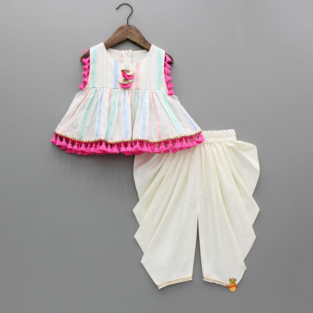 Pre Order: Off White Peplum Top With Tassel Detailing And Dhoti