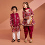 Wine Patola Printed Kurta With Front Open Jacket And Pyjama twinning model image 1