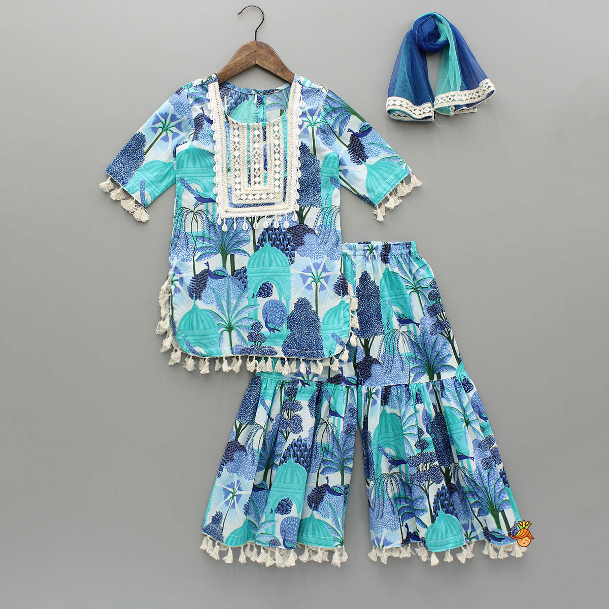 Pre Order: Blue Multicolour Printed Kurti And Sharara With Dupatta