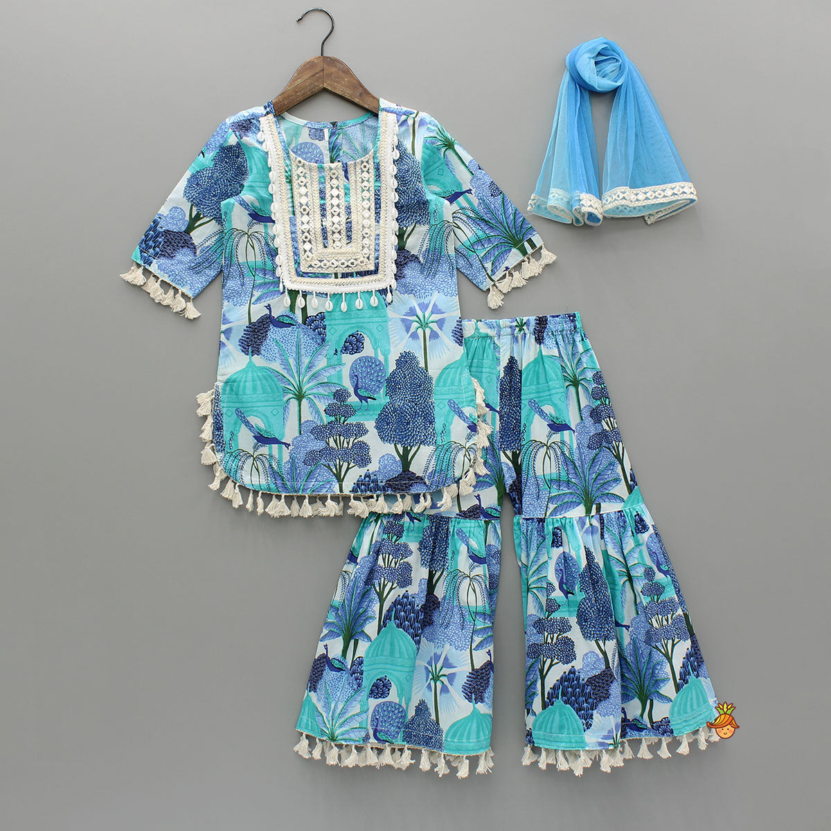 Pre Order: Blue Multicolour Printed Kurti And Sharara With Dupatta