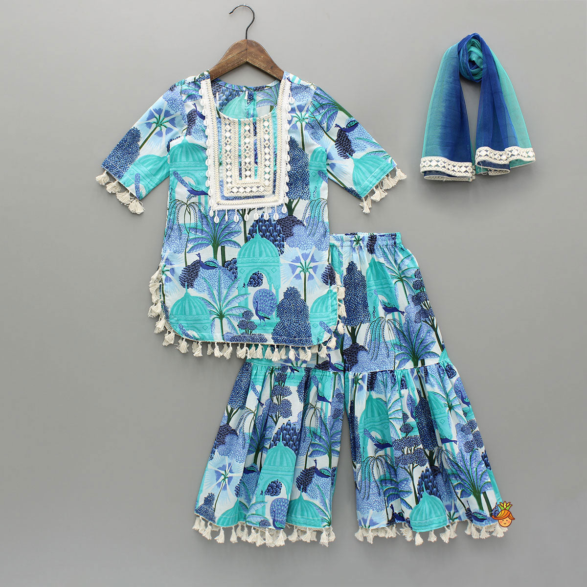 Pre Order: Blue Multicolour Printed Kurti And Sharara With Dupatta