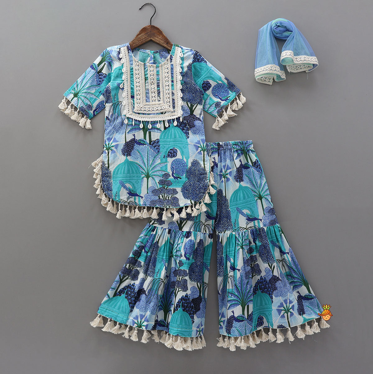 Pre Order: Multicolour Printed Kurti And Sharara With Dupatta