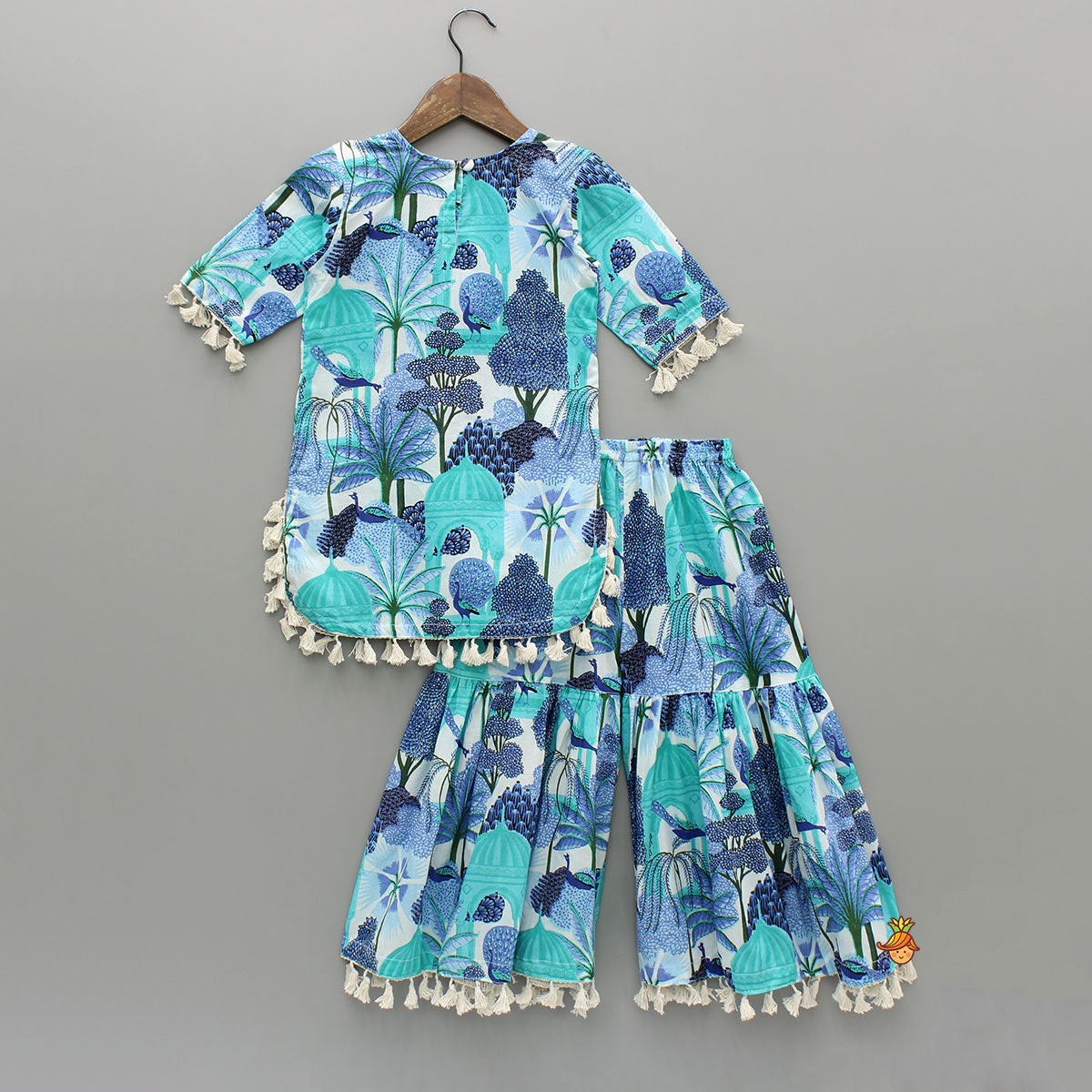 Pre Order: Blue Multicolour Printed Kurti And Sharara With Dupatta