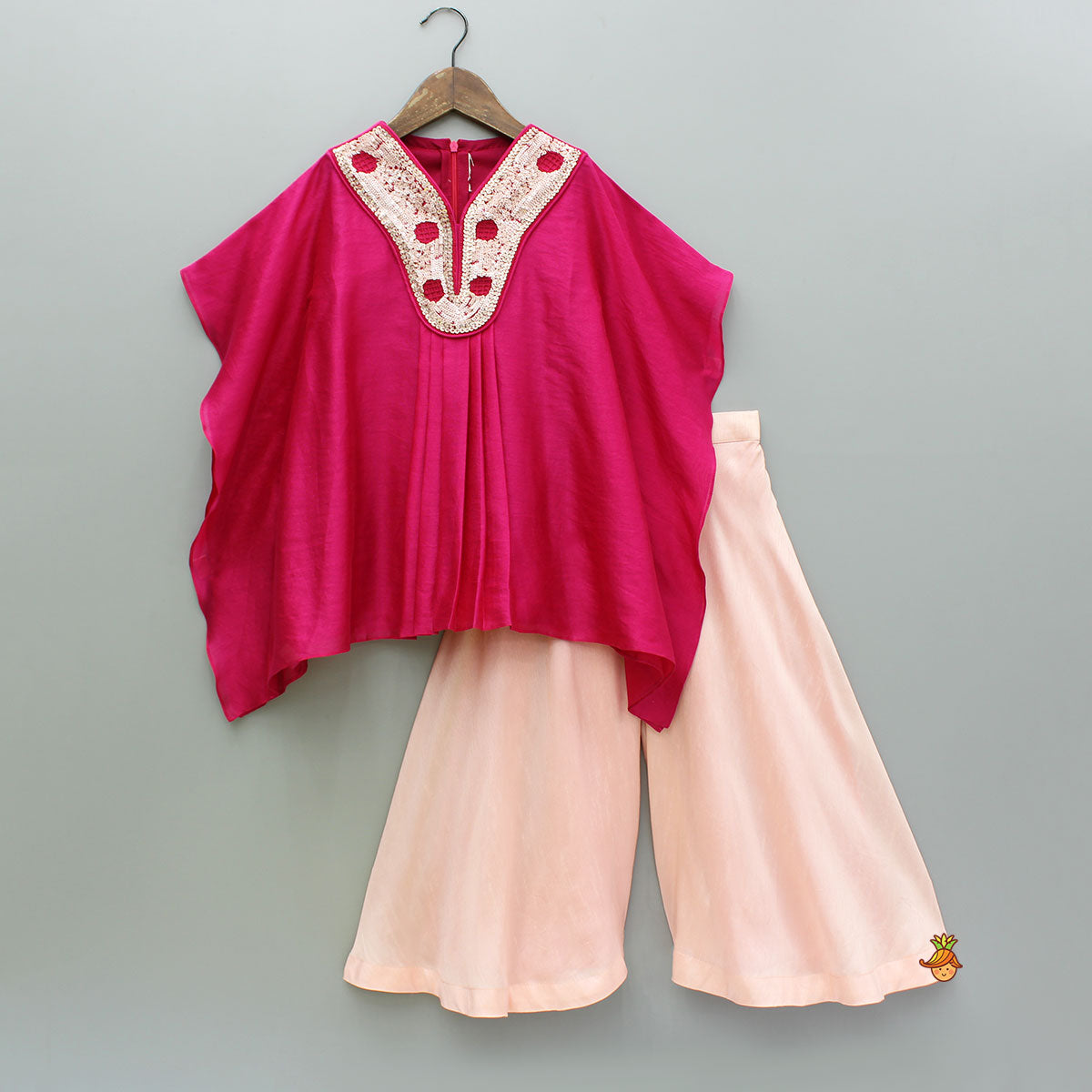 Pre Order: Pink Embroidered Kaftan Style Kurti And Palazzo