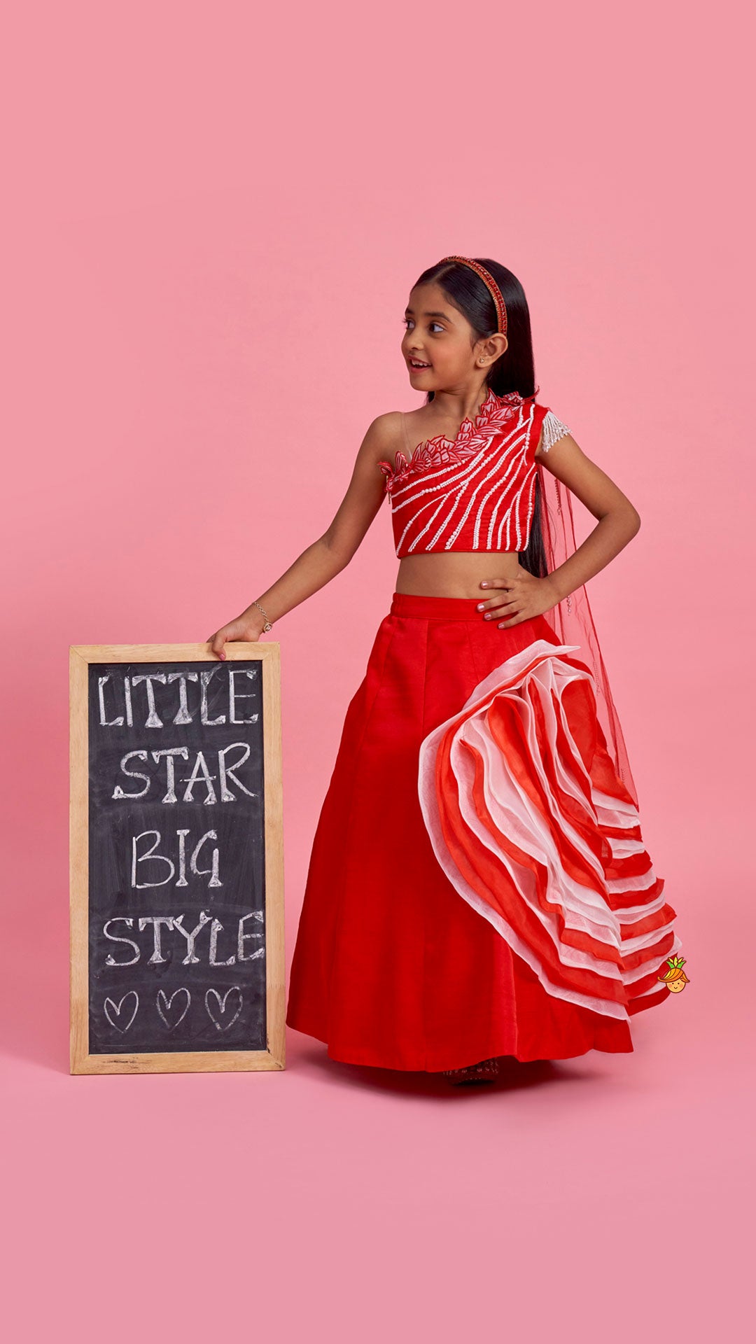 Pre Order: Red One Shoulder Embellished Top With Attached Dupatta And Stylish Lehenga