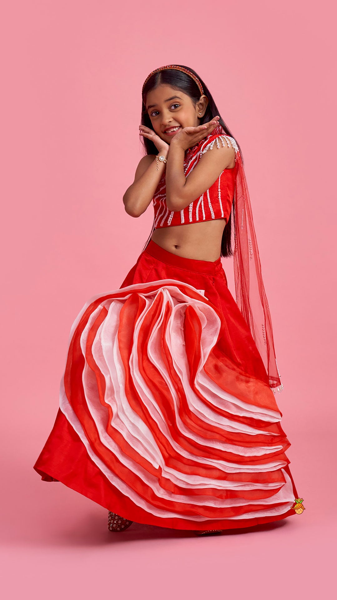 Pre Order: Red One Shoulder Embellished Top With Attached Dupatta And Stylish Lehenga
