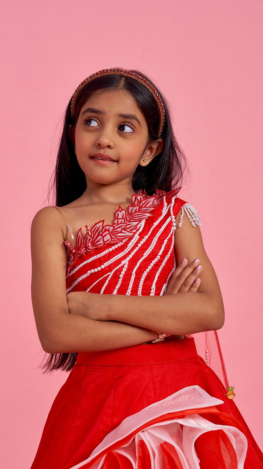 Pre Order: Red One Shoulder Embellished Top With Attached Dupatta And Stylish Lehenga