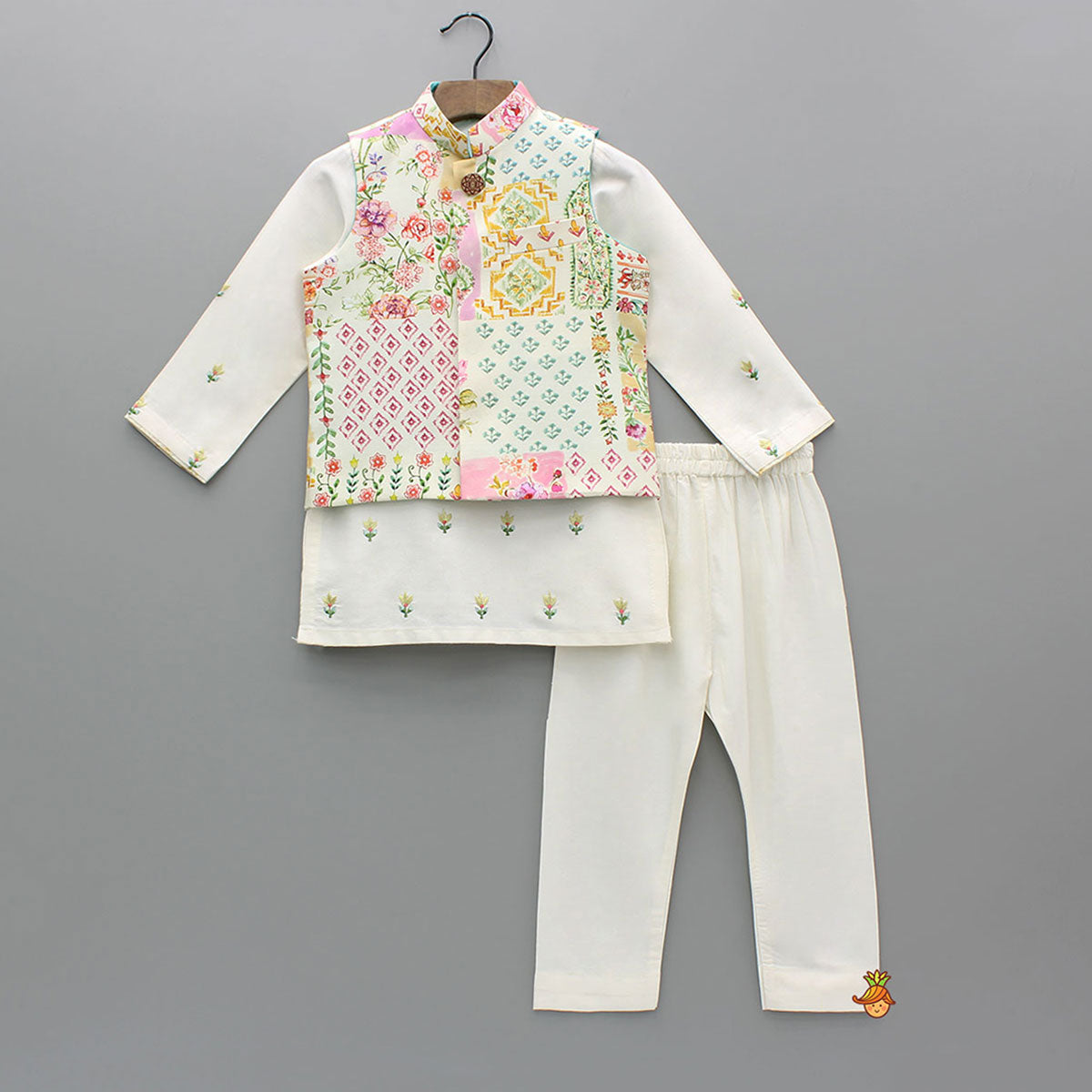 Pre Order: Cream Embroidered Kurta And Multicolour Printed Jacket With Pyjama