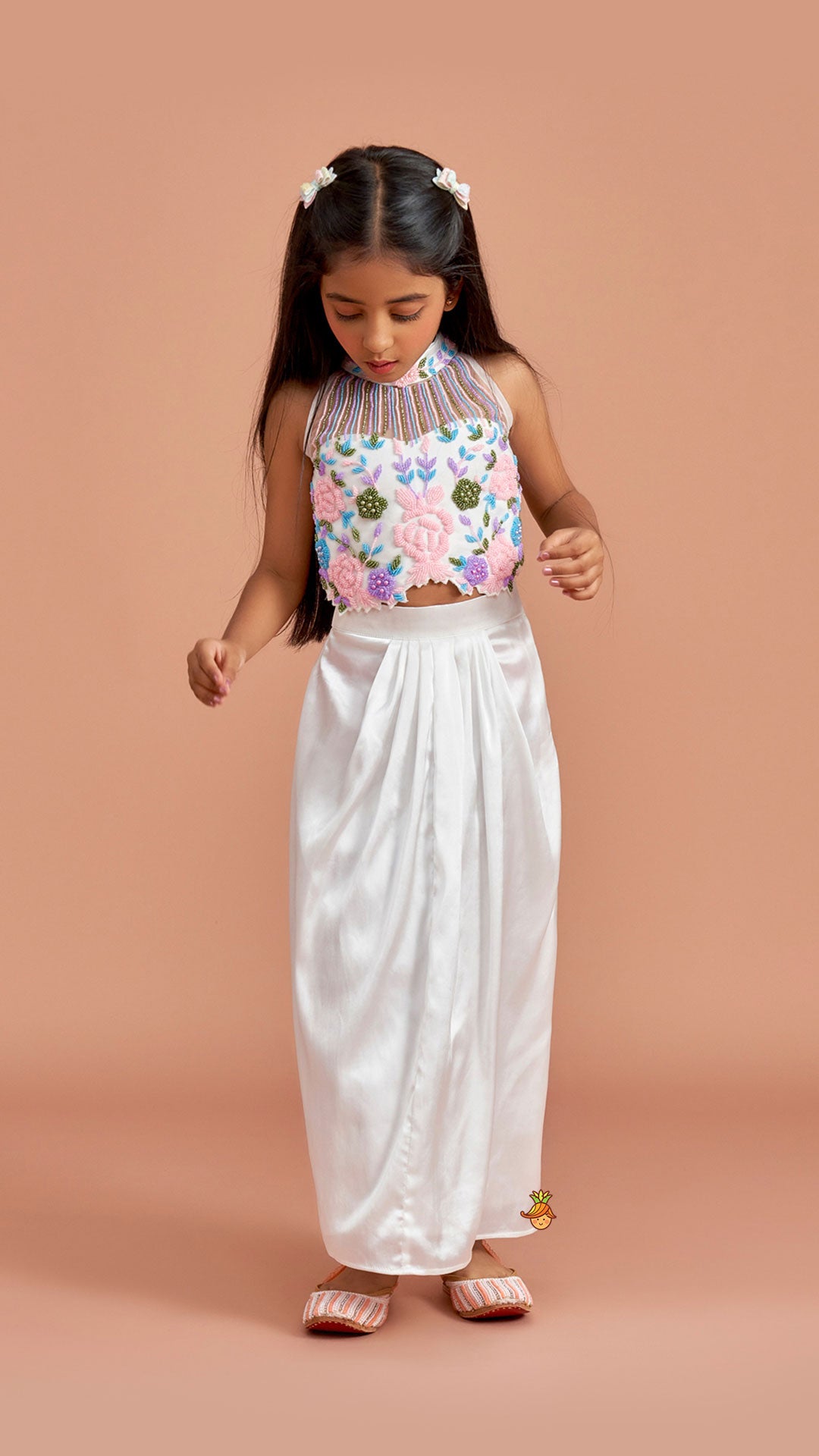 Pre Order: White Embroidered Embellished Halter Neck Top With Dhoti Style Skirt