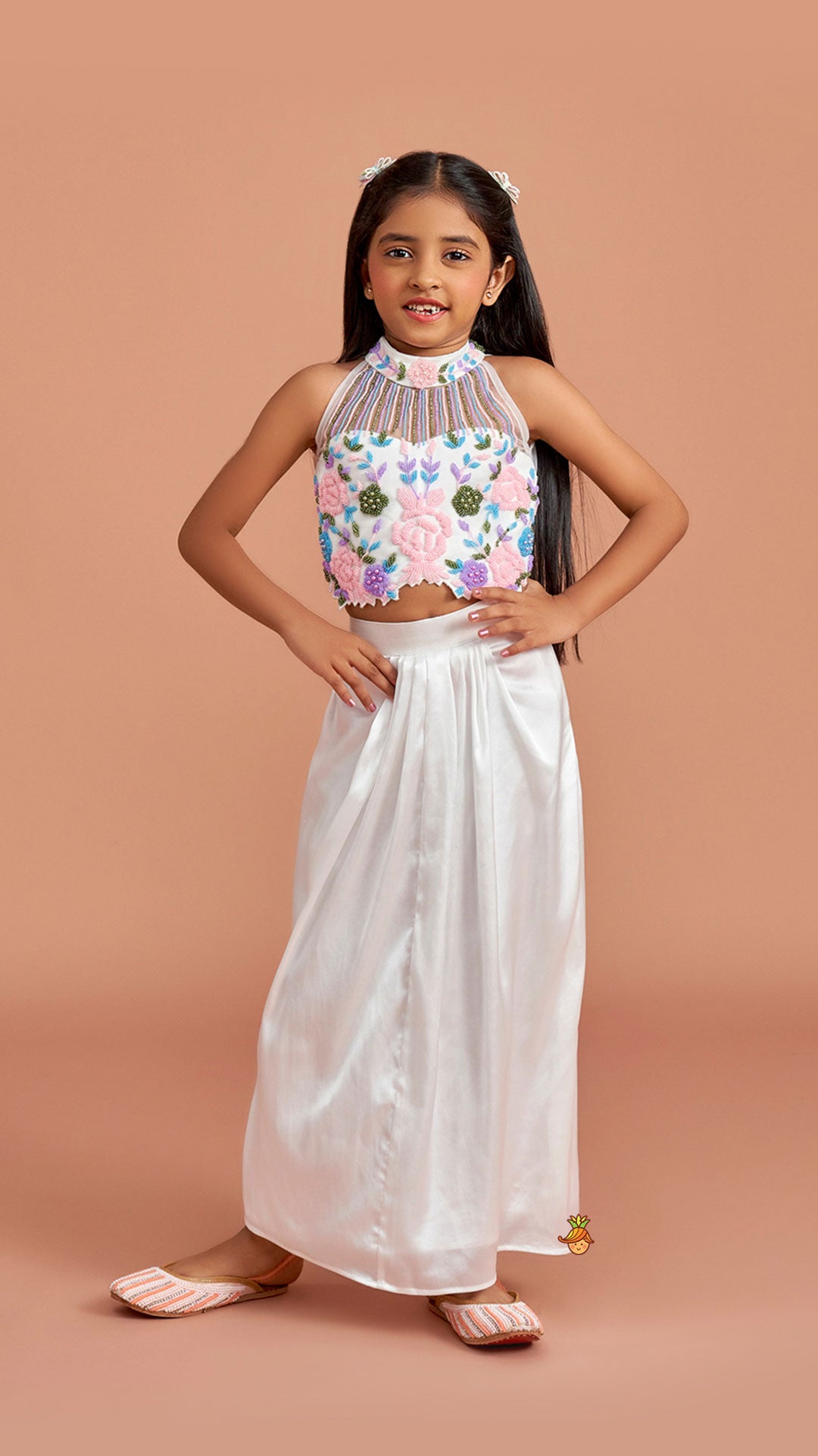Pre Order: White Embroidered Embellished Halter Neck Top With Dhoti Style Skirt