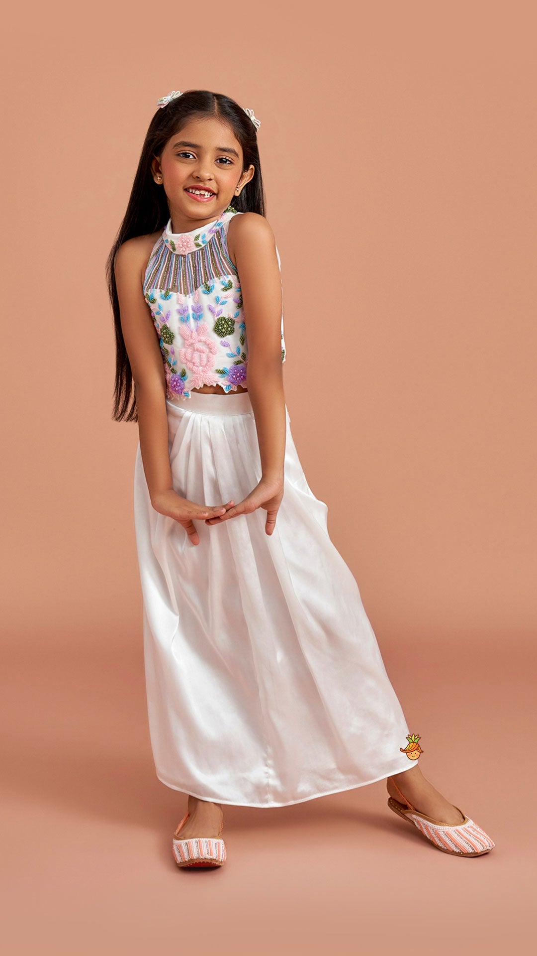 Pre Order: White Embroidered Embellished Halter Neck Top With Dhoti Style Skirt