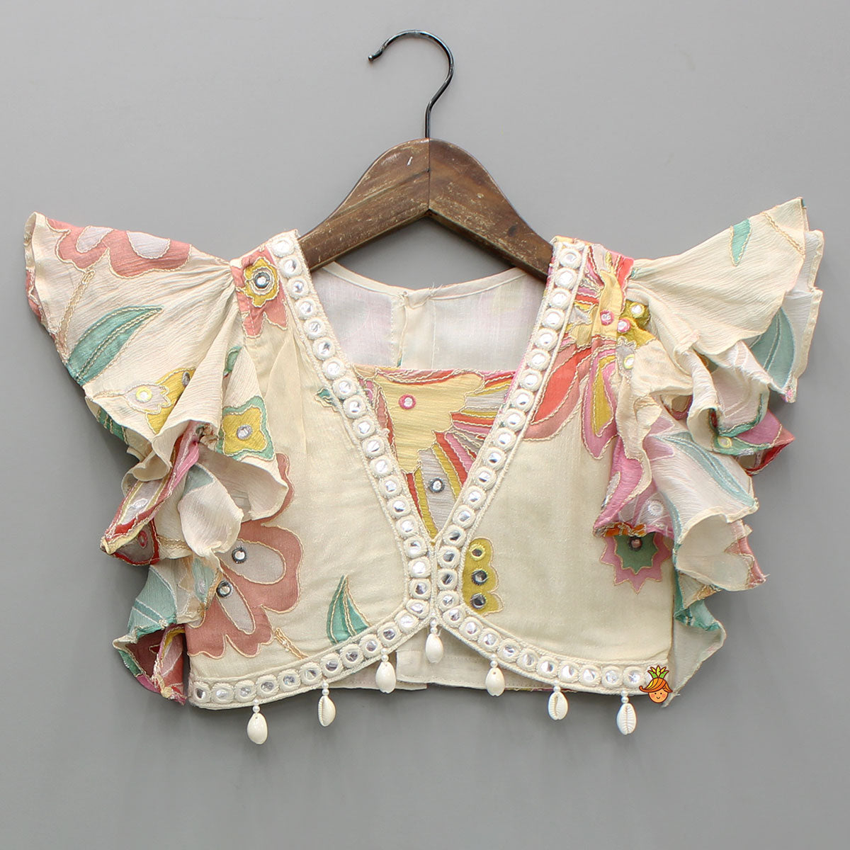 Multicolour Floral Printed And Embroidered Ivory Top With Matching Lehenga And Dupatta