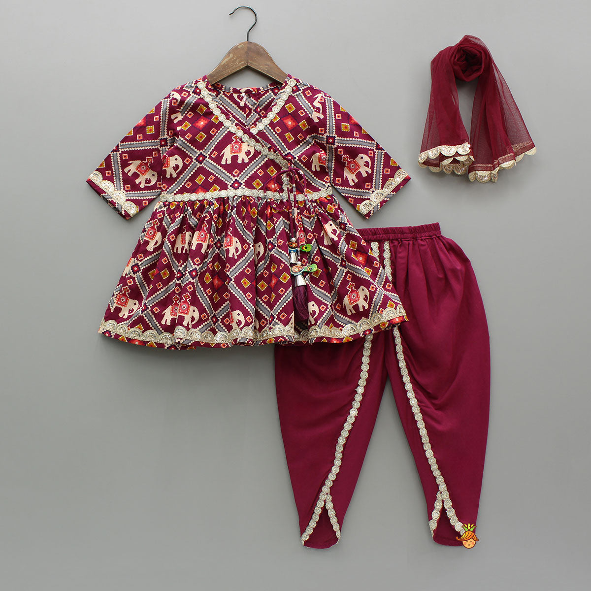 Pre Order: Beautiful Patola-Printed Angarkha Style Kurti And Dhoti With Dupatta