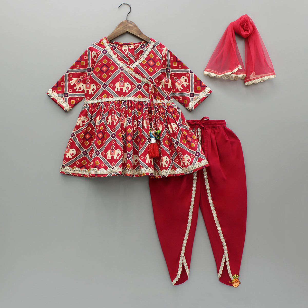Pre Order: Beautiful Patola-Printed Angarkha Style Red Kurti And Dhoti With Dupatta