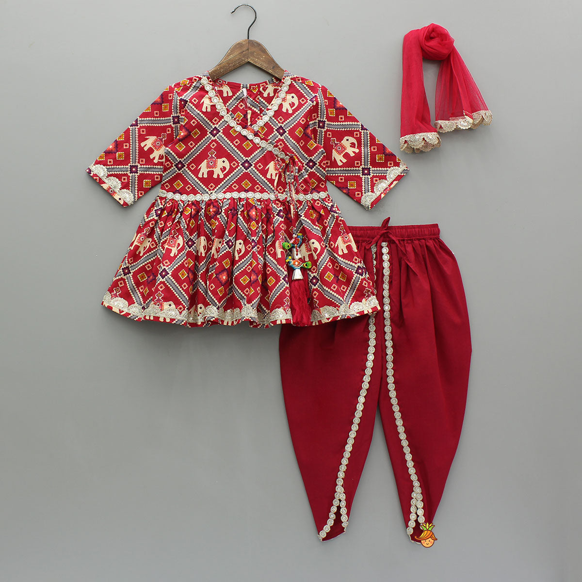 Pre Order: Beautiful Patola-Printed Angarkha Style Red Kurti And Dhoti With Dupatta