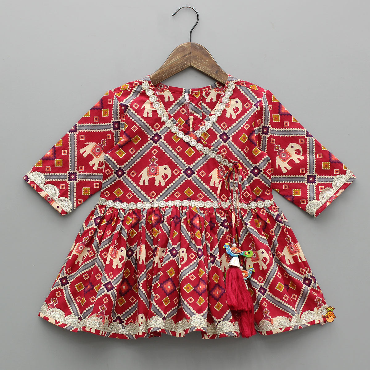 Pre Order: Beautiful Patola-Printed Angarkha Style Red Kurti And Dhoti With Dupatta