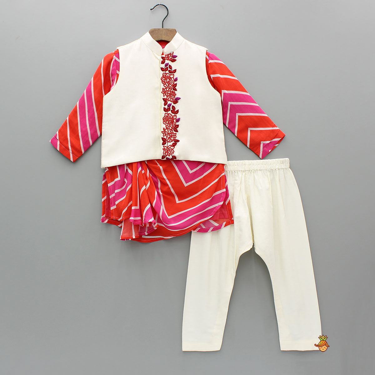Pre Order: Leheriya Printed Stylish Kurta And Jacket With Pyjama