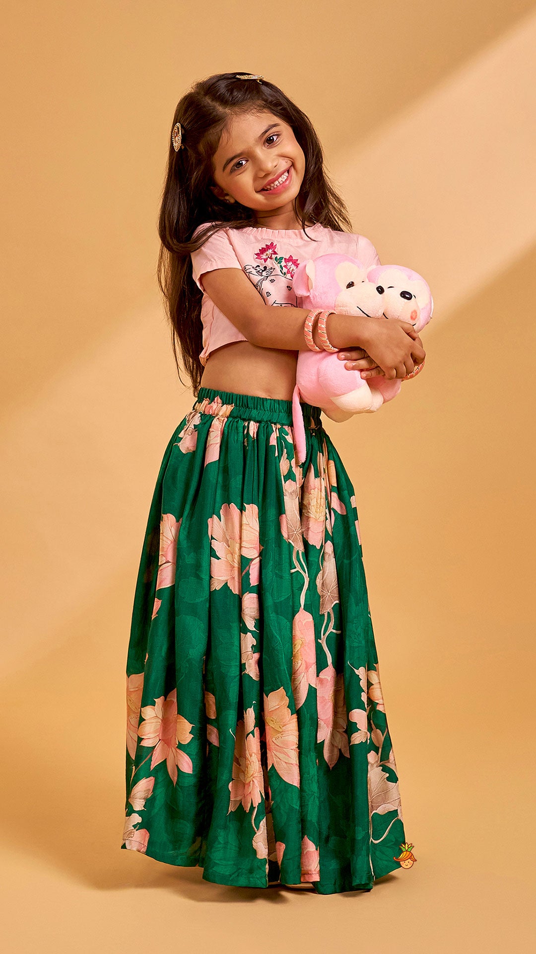Pleated Neckline Peach Printed Top And Floral Printed Green Palazzo