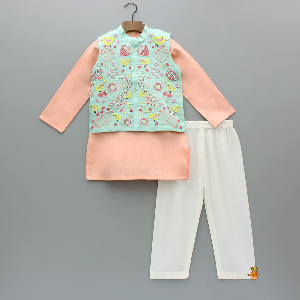 Pre Order: Peach Kurta With Embroidered Multicolor Jacket And Pyjama