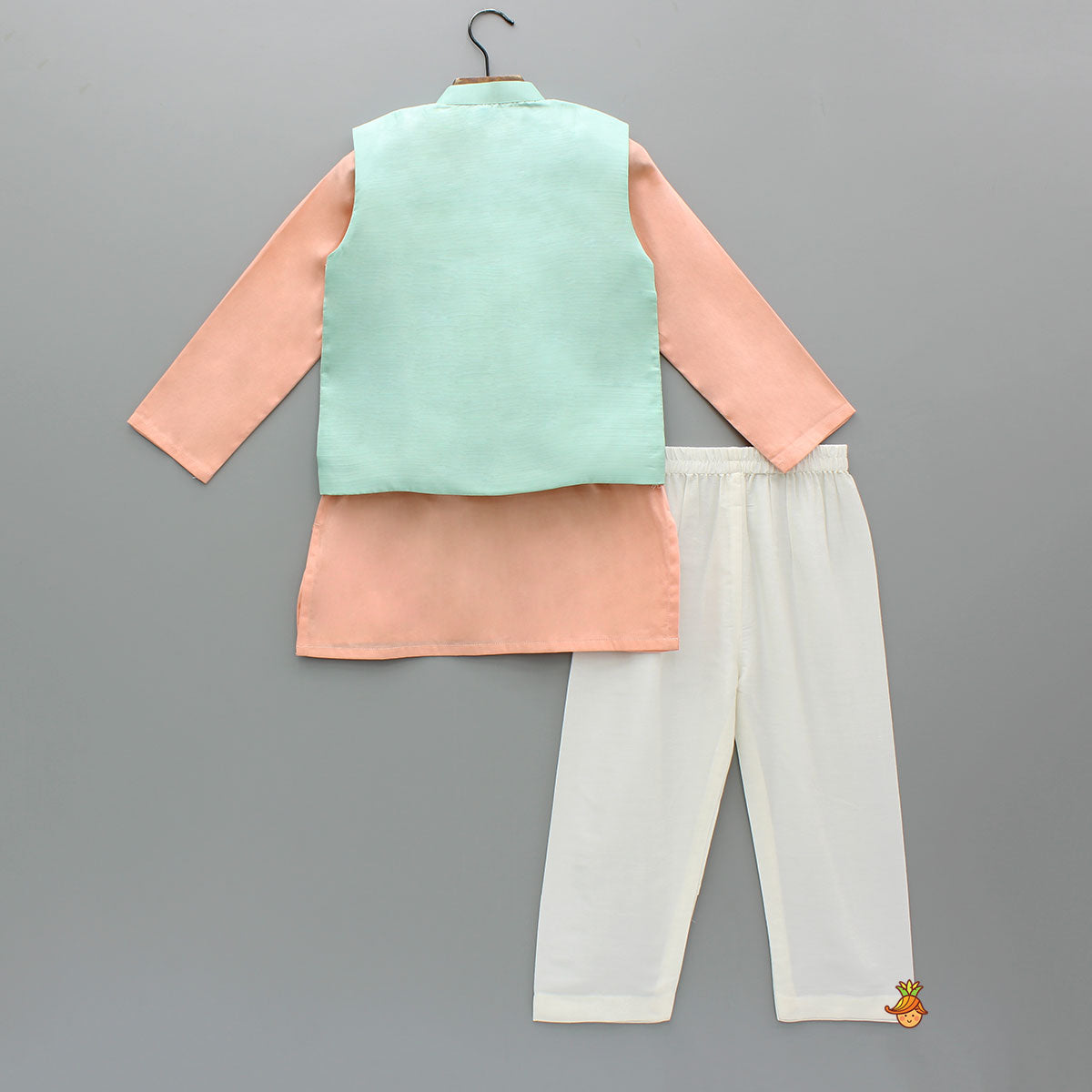 Pre Order: Peach Kurta With Embroidered Multicolor Jacket And Pyjama