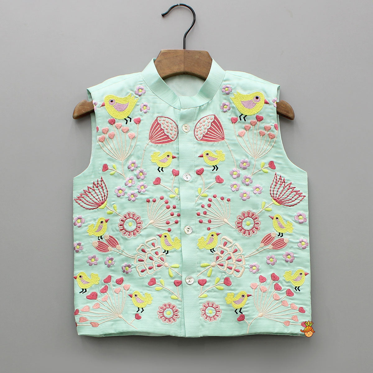 Pre Order: Peach Kurta With Embroidered Multicolor Jacket And Pyjama
