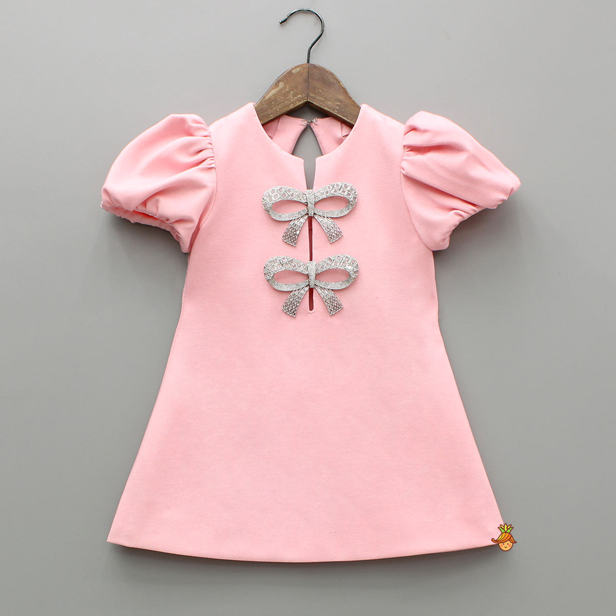 Pre Order: Pink Puff Sleeve Dress With Shiny Bowtie Embellishments