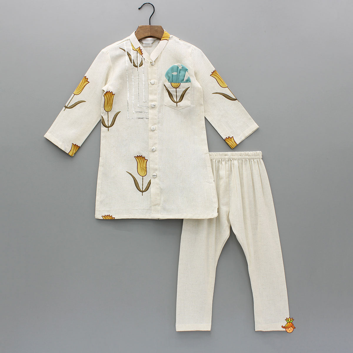 Yellow Tulip Printed Khadi Cotton Kurta And Pyjama