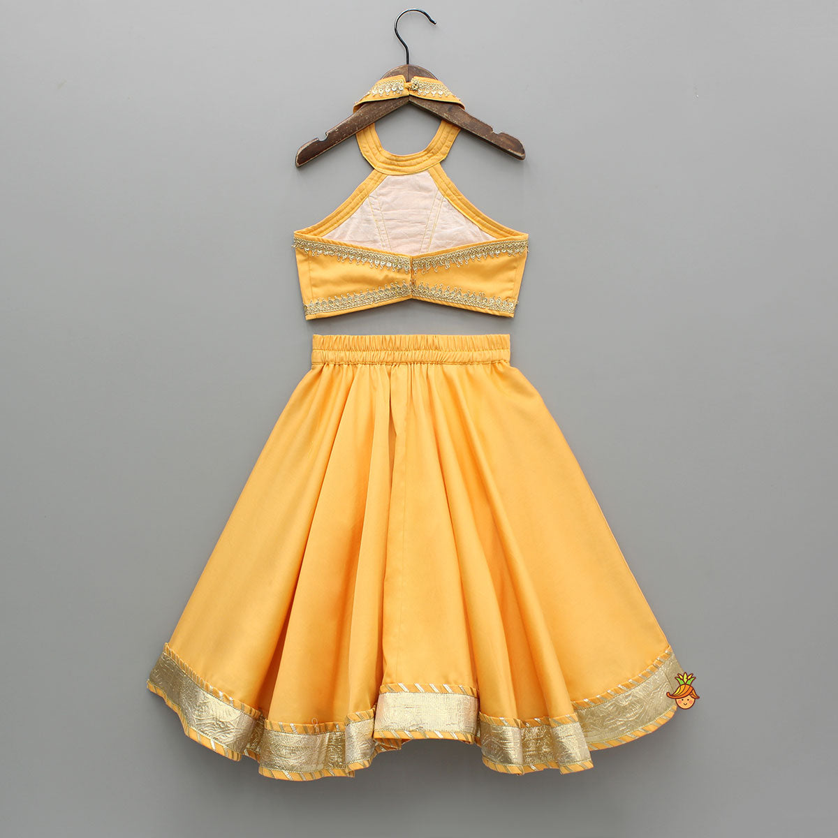 Pre Order: Orange Lace Top With Lehenga And Dupatta