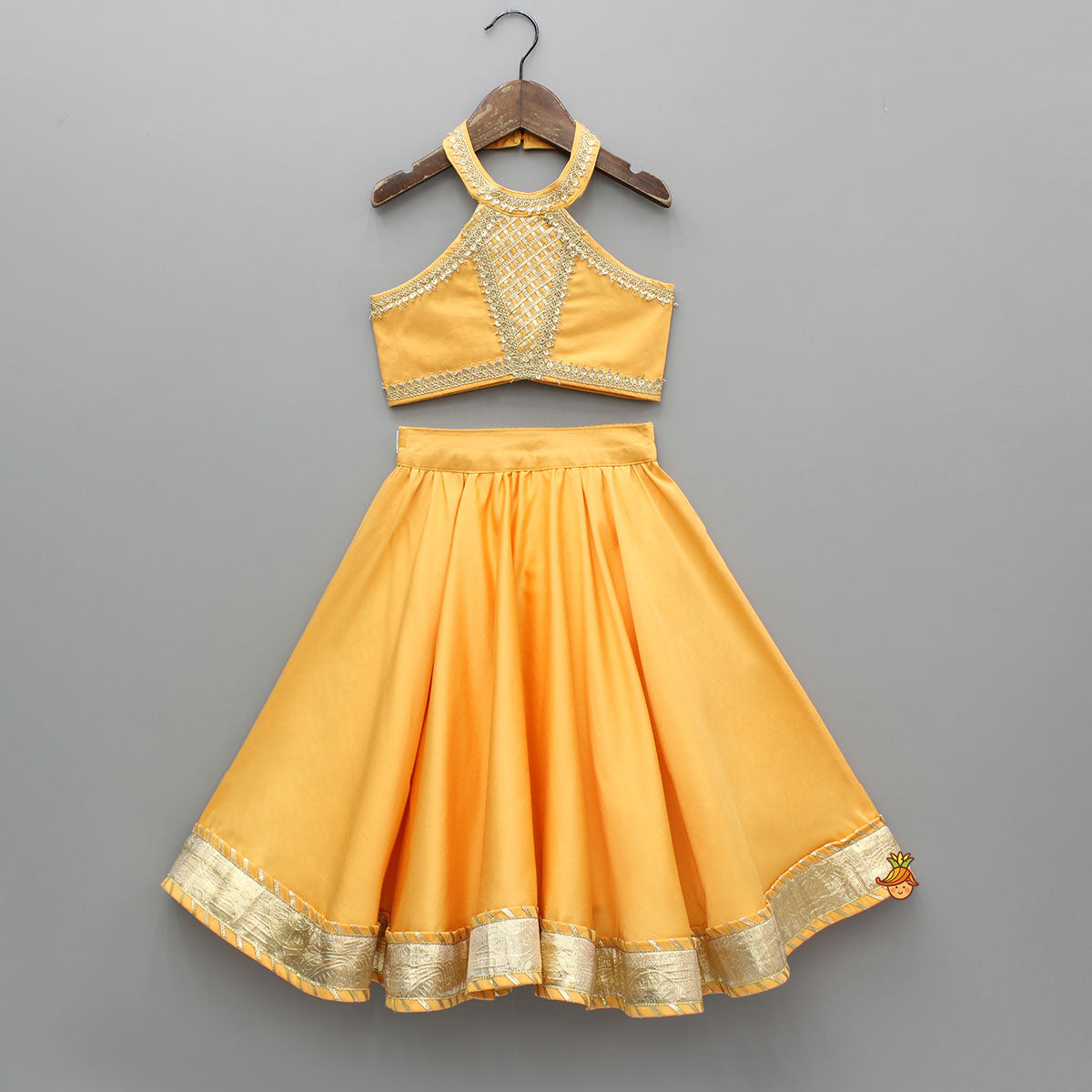 Pre Order: Orange Lace Top With Lehenga And Dupatta