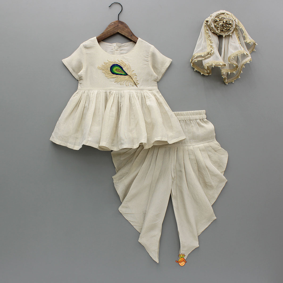 Pre Order: Peacock Feather Embroidered Shimmery Beige Kurti With Dhoti And Dupatta