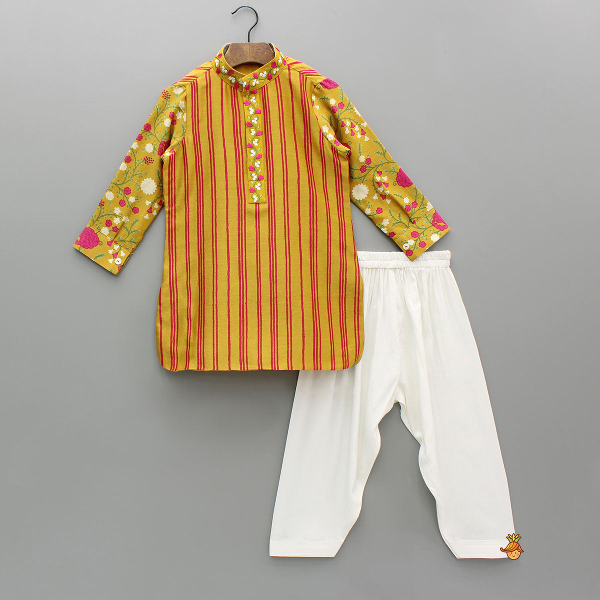 Pre Order: Mustard Striped Floral Chanderi Kurta And Off White Salwar