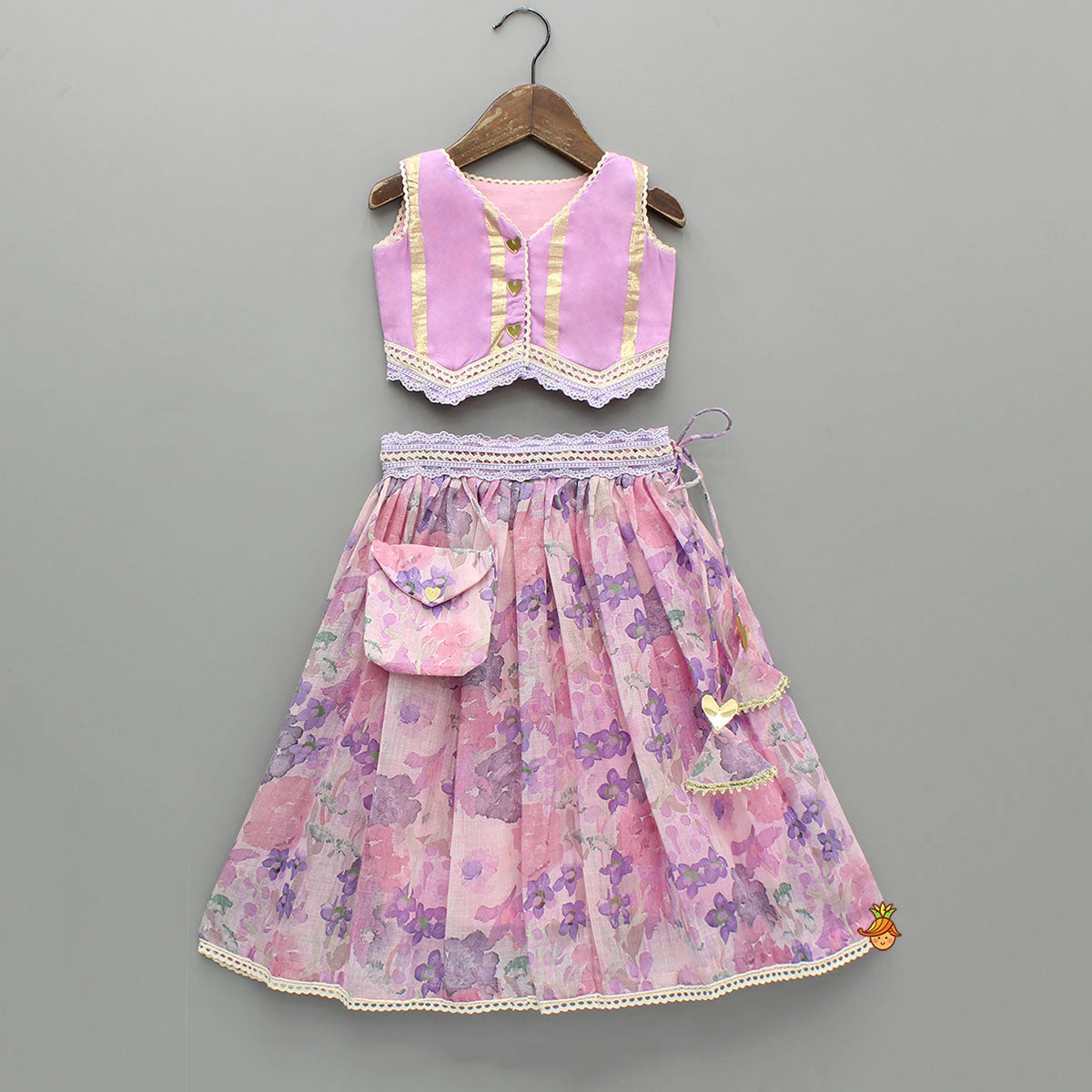Pre Order: Heart Detail Pink Top With Floral Lehenga
