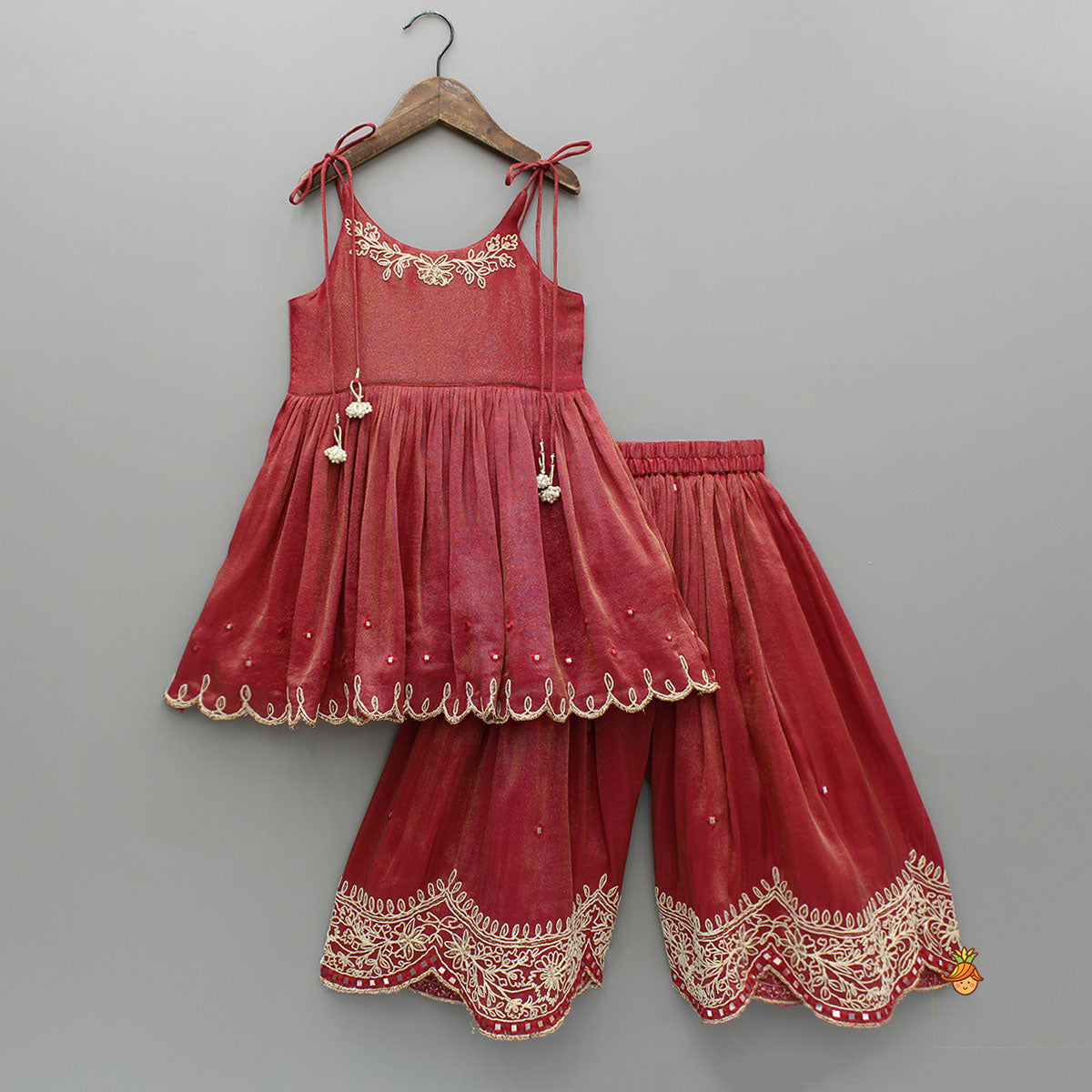 Pre Order: Red Shimmery Embroidered Strappy Kurti And Flared Palazzo