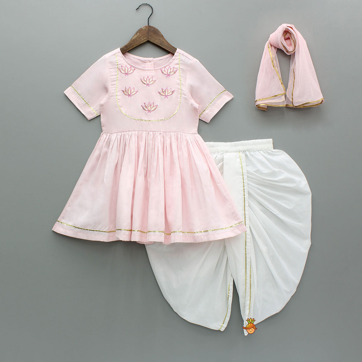 Lotus Embroidered Pink Kurta With Tulip Style Dhoti
