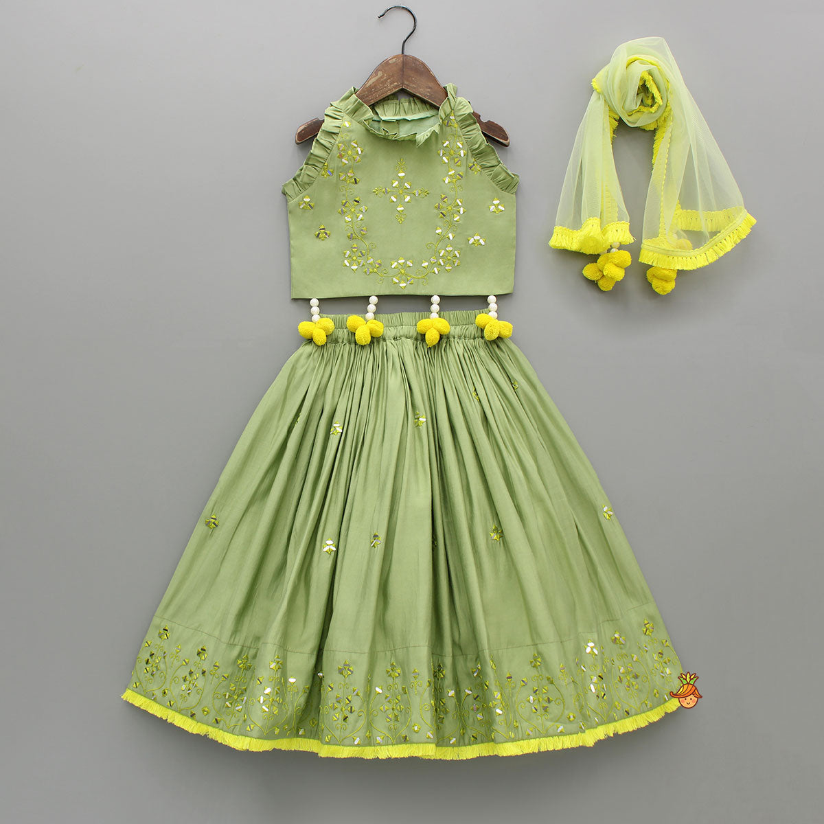 Pre Order: Faux Mirror Work Green Top And Lehenga With Net Dupatta