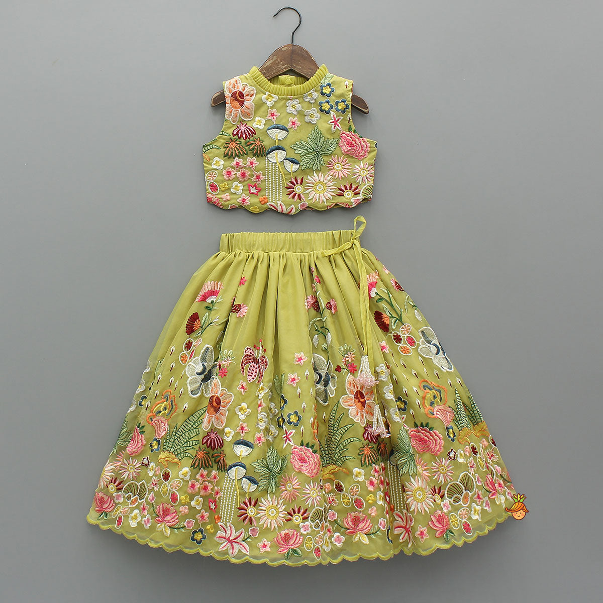 Pre Order: Scalloped Hem Thread Embroidered Top And Lehenga