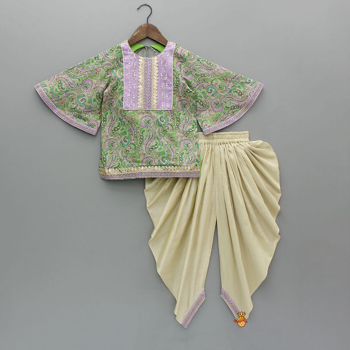 Pre Order: Yoke-Embroidered Green Top with Beige Dhoti