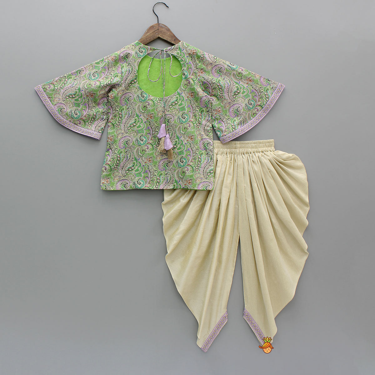 Pre Order: Yoke-Embroidered Green Top with Beige Dhoti