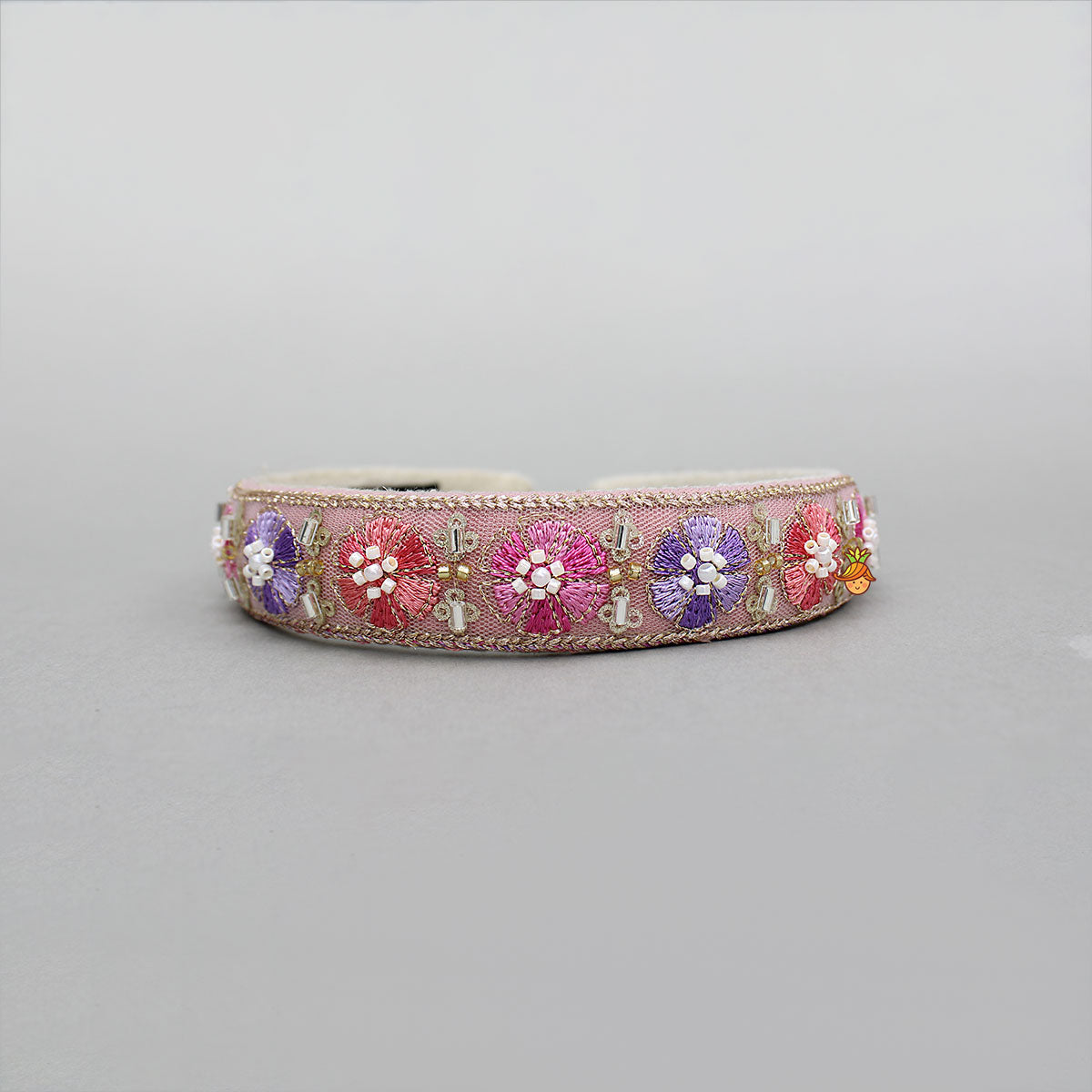 Pink Floral Embroidered Hairband With Beadwork
