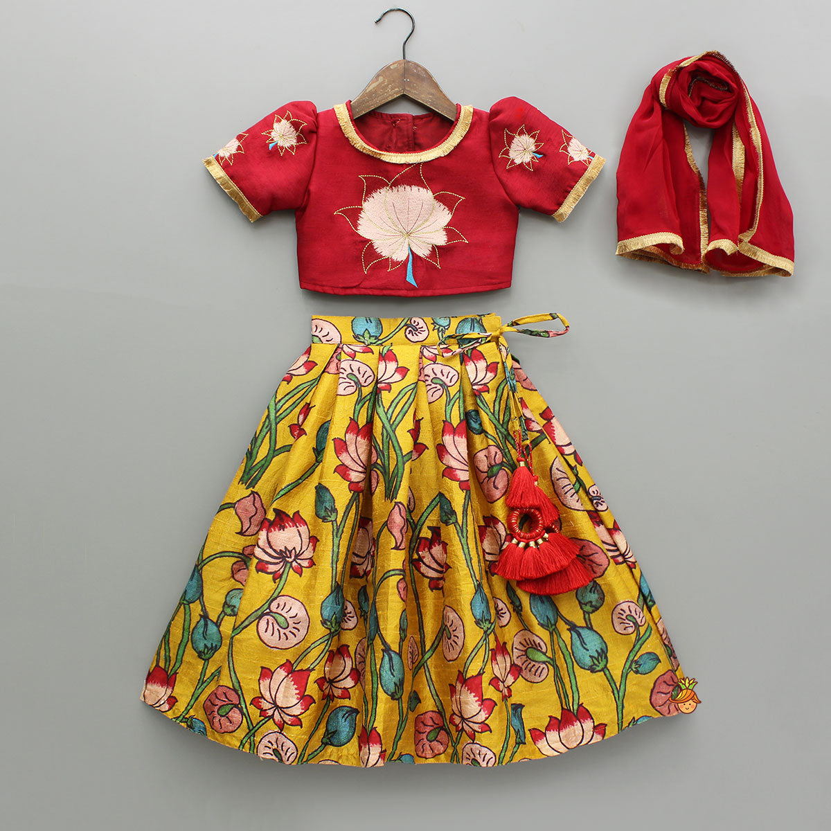 Pre Order: Red Top With Lotus Printed Lehenga And Fringed Dupatta
