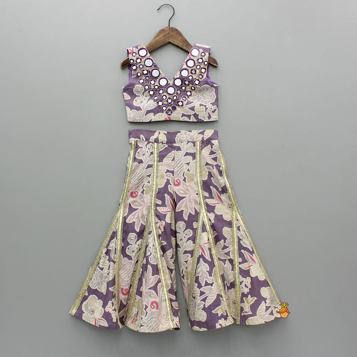 Pre Order: Mirror Embellished Floral Printed Top With Flared Palazzo