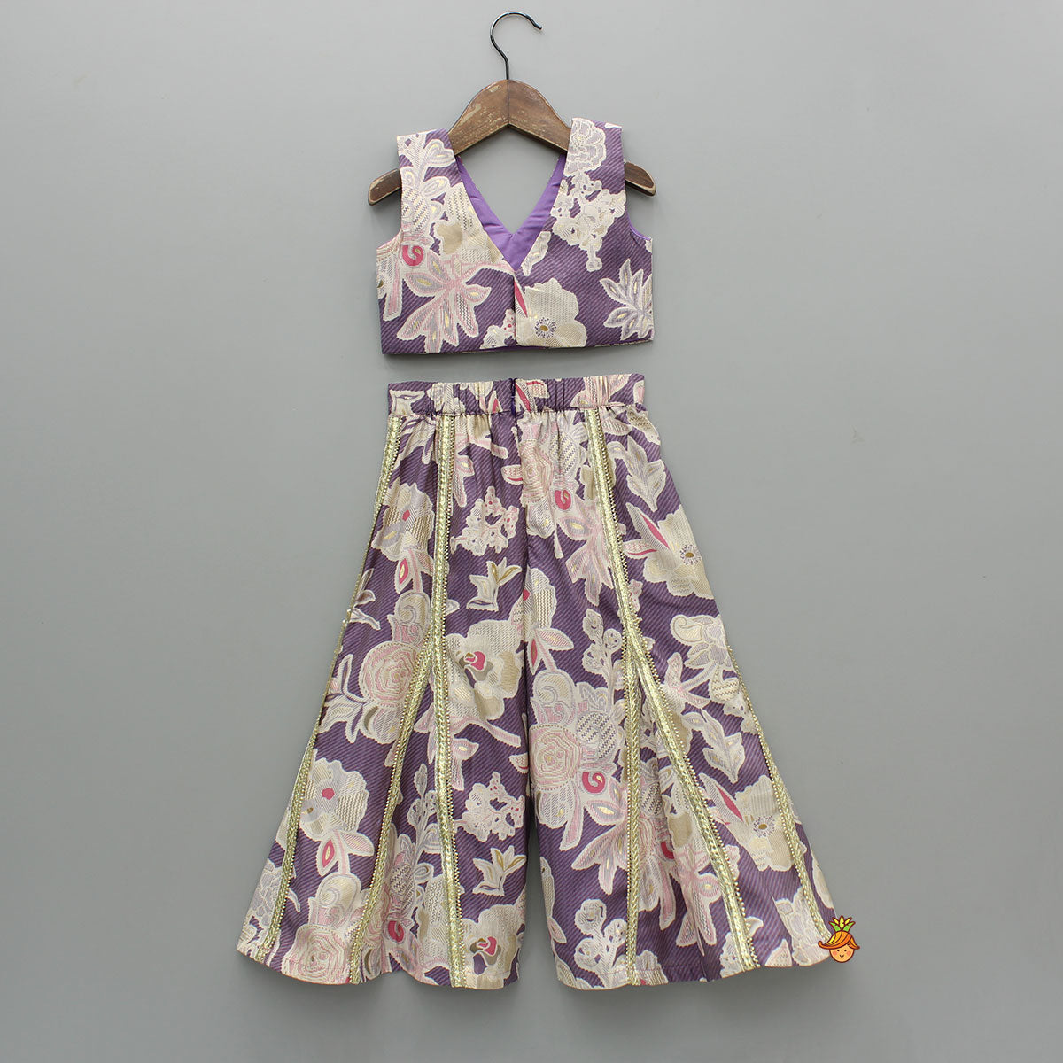 Pre Order: Mirror Embellished Floral Printed Top With Flared Palazzo